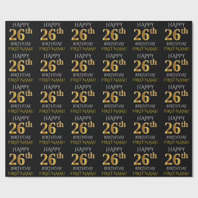 Black, Faux Gold "HAPPY 26th BIRTHDAY" Wrapping Paper (Flat)