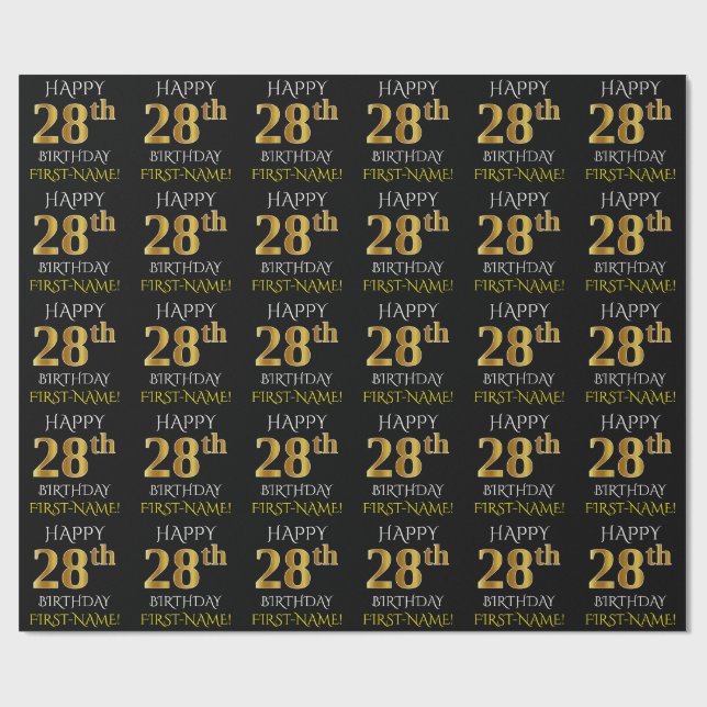 Black, Faux Gold "HAPPY 28th BIRTHDAY" Wrapping Paper (Flat)