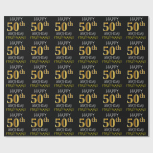 Black, Faux Gold "HAPPY 50th BIRTHDAY" Wrapping Paper