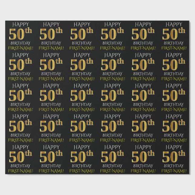 Black, Faux Gold "HAPPY 50th BIRTHDAY" Wrapping Paper (Flat)