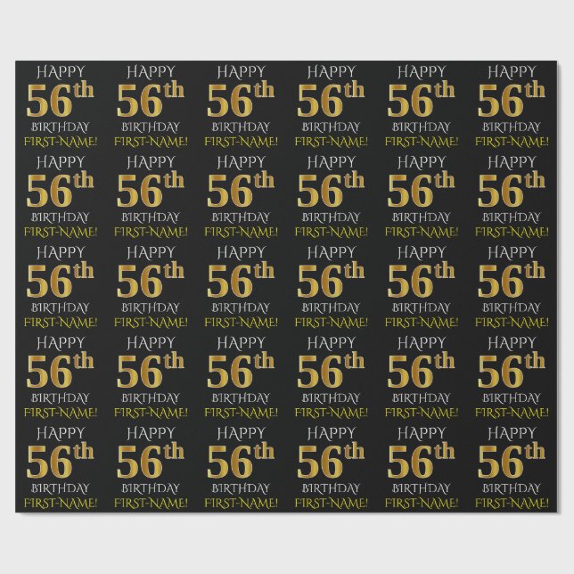 Black, Faux Gold "HAPPY 56th BIRTHDAY" Wrapping Paper (Flat)