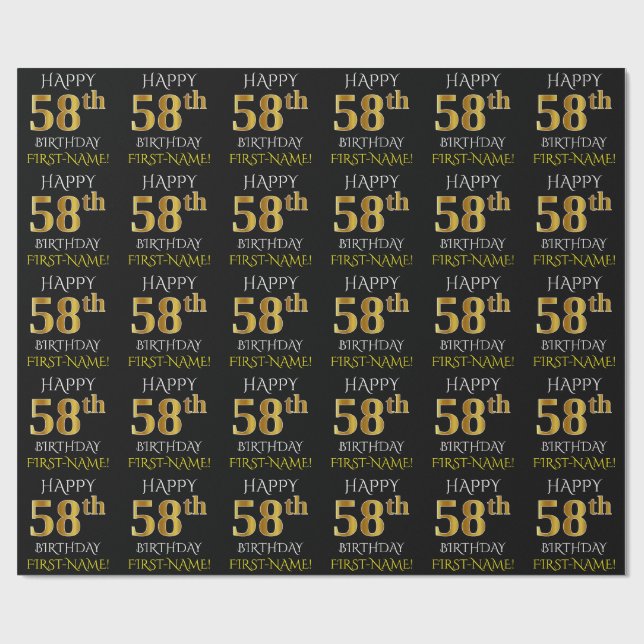 Black, Faux Gold "HAPPY 58th BIRTHDAY" Wrapping Paper (Flat)