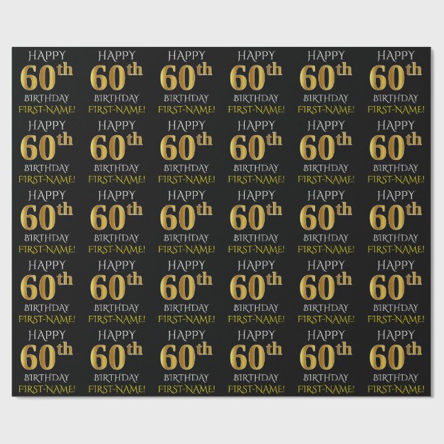 Black, Faux Gold "HAPPY 60th BIRTHDAY" Wrapping Paper (Flat)