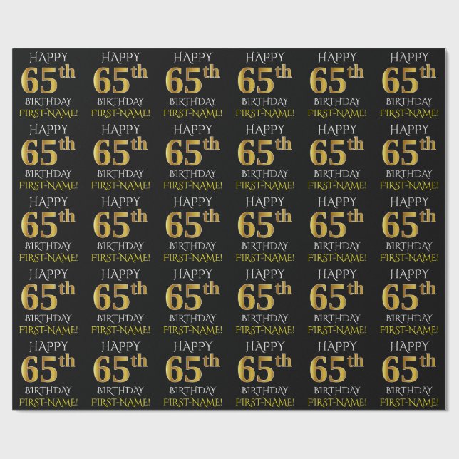 Black, Faux Gold "HAPPY 65th BIRTHDAY" Wrapping Paper (Flat)