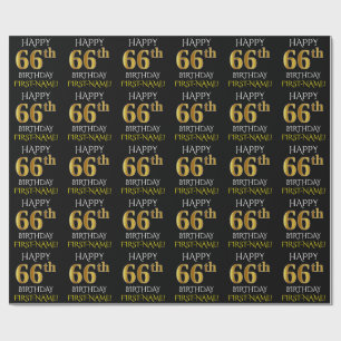 Black, Faux Gold "HAPPY 66th BIRTHDAY" Wrapping Paper