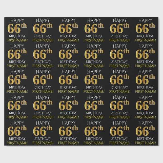 Black, Faux Gold "HAPPY 66th BIRTHDAY" Wrapping Paper (Flat)