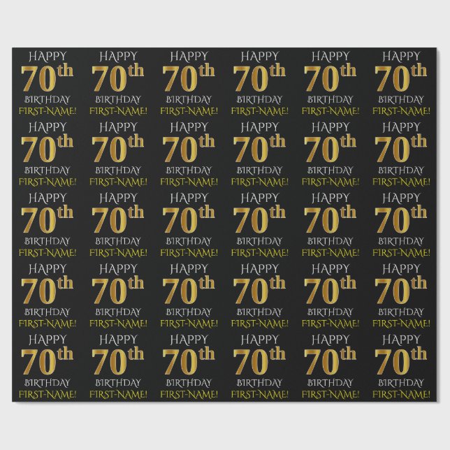 Black, Faux Gold "HAPPY 70th BIRTHDAY" Wrapping Paper (Flat)