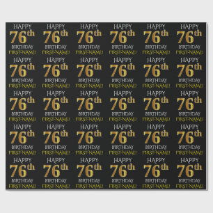 Black, Faux Gold "HAPPY 76th BIRTHDAY" Wrapping Paper