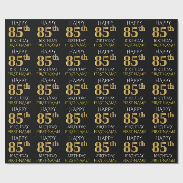Black, Faux Gold "HAPPY 85th BIRTHDAY" Wrapping Paper (Flat)