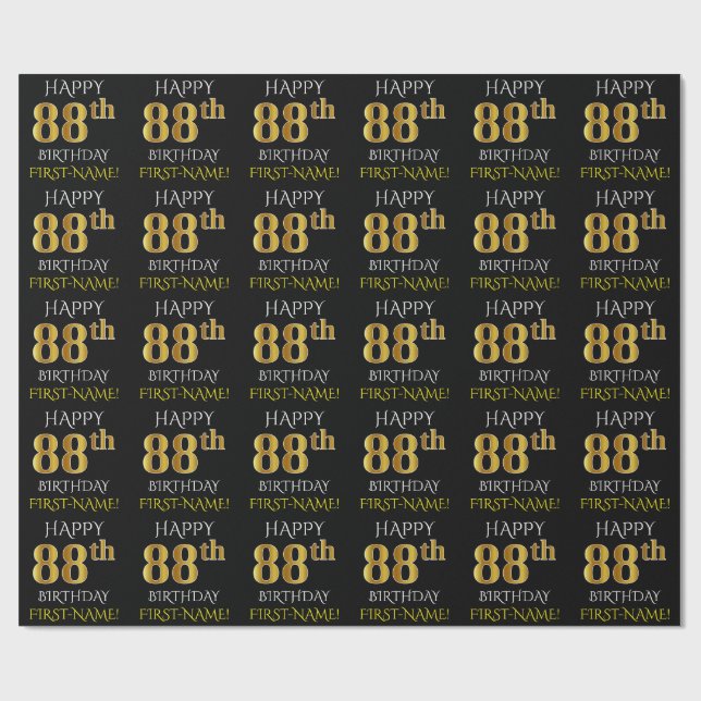 Black, Faux Gold "HAPPY 88th BIRTHDAY" Wrapping Paper (Flat)