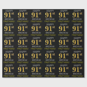 Black, Faux Gold "HAPPY 91st BIRTHDAY" Wrapping Paper