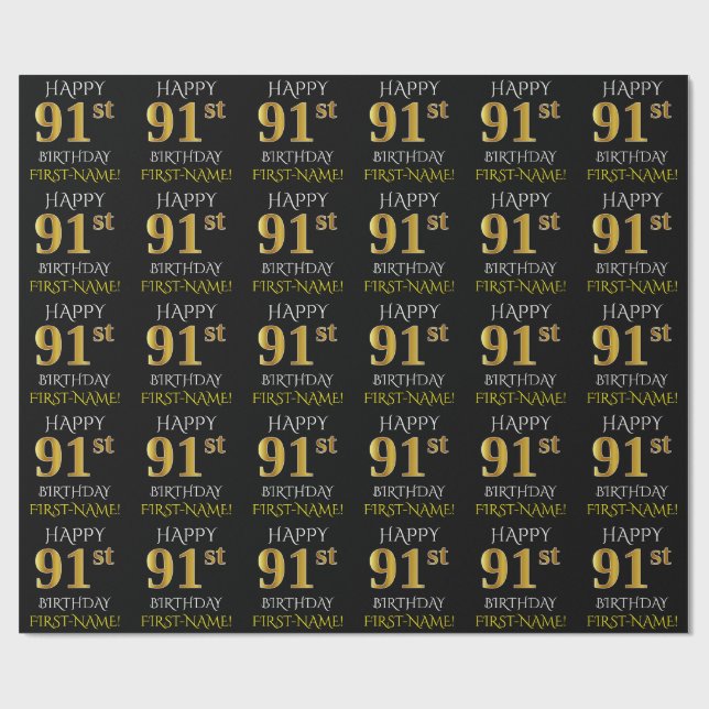 Black, Faux Gold "HAPPY 91st BIRTHDAY" Wrapping Paper (Flat)