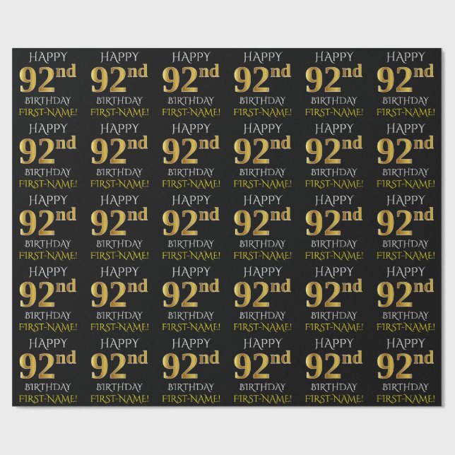 Black, Faux Gold "HAPPY 92nd BIRTHDAY" Wrapping Paper (Flat)