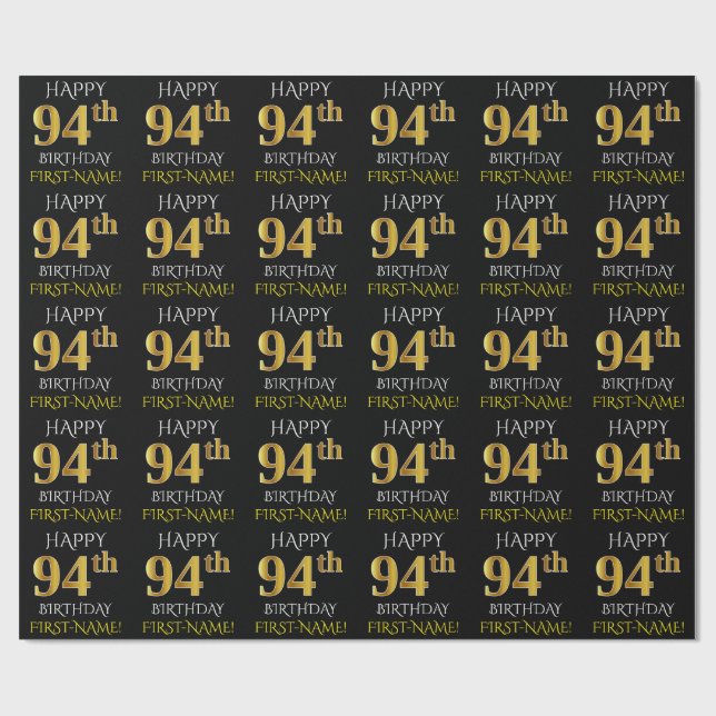 Black, Faux Gold "HAPPY 94th BIRTHDAY" Wrapping Paper (Flat)