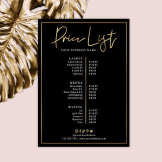 Black Faux Gold Logo Lash Salon Spa Price List