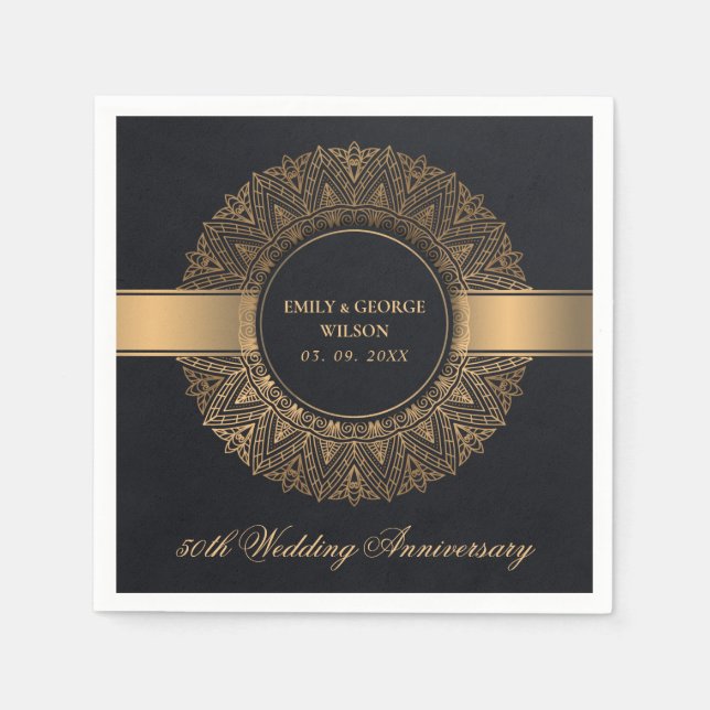 BLACK FAUX GOLD MANDALA ANY YEAR 50TH ANNIVERSARY NAPKIN (Front)