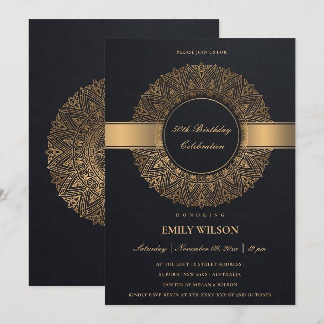 BLACK FAUX GOLD MANDALA ANY YEAR 50TH BIRTHDAY INVITATION (Front/Back)