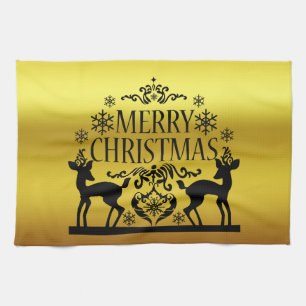 Black Faux Gold Merry Christmas Kitchen Hand Towel
