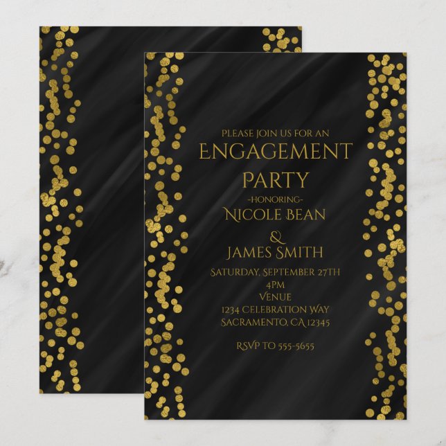 Black & Faux Gold Modern Glam Wedding Engagement Invitation (Front/Back)