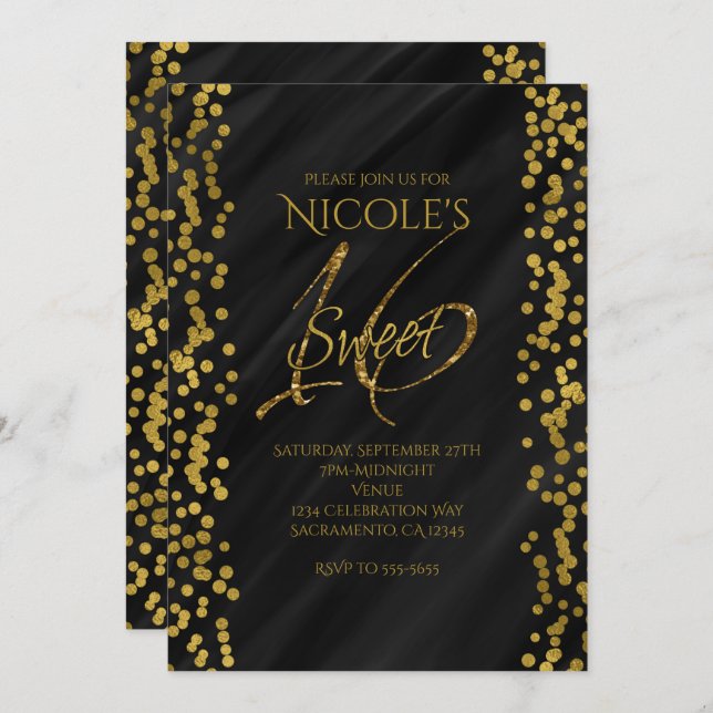 Black & Faux Gold Modern Glamour SWEET 16 Sixteen Invitation (Front/Back)