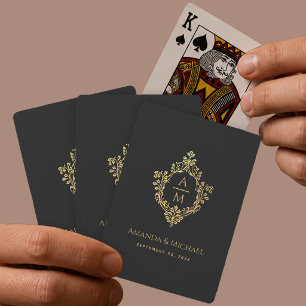Black Faux Gold Monogram in Crest Elegant Wedding Playing Cards