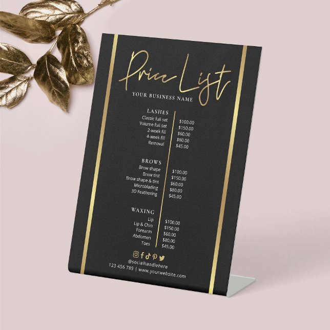 Black & Faux Gold Salon Spa Trendy Price List Pedestal Sign (Make a glam price list for your business with this black and gold business menu sign design)