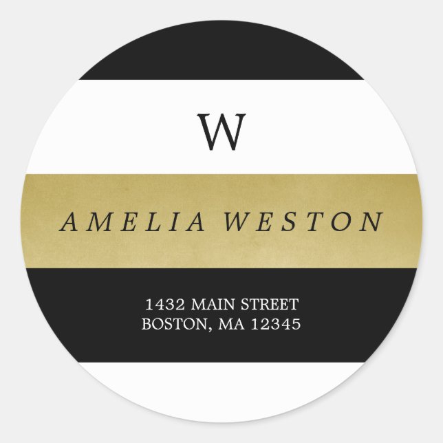 Black & Faux Gold Stripes | Return Address Label (Front)
