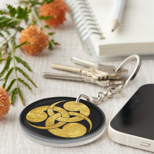 Black Faux Gold Tadpole Mon Japanese Samurai Clan Key Ring