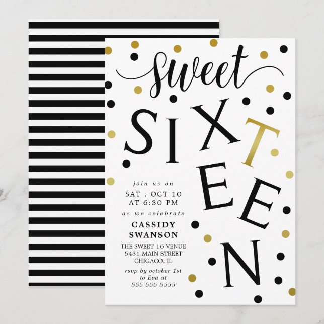 Black & Faux Gold Typography Sweet Sixteen Invitation (Front/Back)
