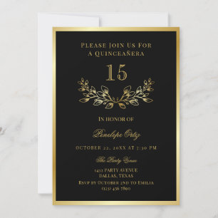 Black Faux Gold Wreath Quinceañera  Invitation