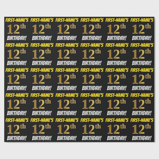 Black, Faux/Imitation Gold, "12th BIRTHDAY" Wrapping Paper (Flat)