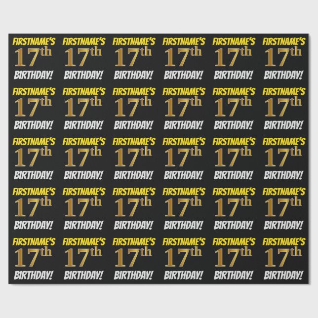 Black, Faux/Imitation Gold, "17th BIRTHDAY" Wrapping Paper (Flat)