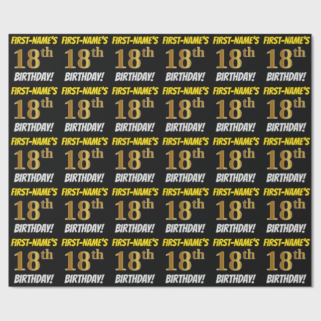 Black, Faux/Imitation Gold, "18th BIRTHDAY" Wrapping Paper (Flat)