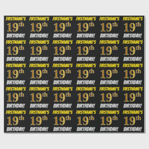 Black, Faux/Imitation Gold, "19th BIRTHDAY" Wrapping Paper