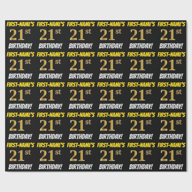 Black, Faux/Imitation Gold, "21st BIRTHDAY" Wrapping Paper (Flat)