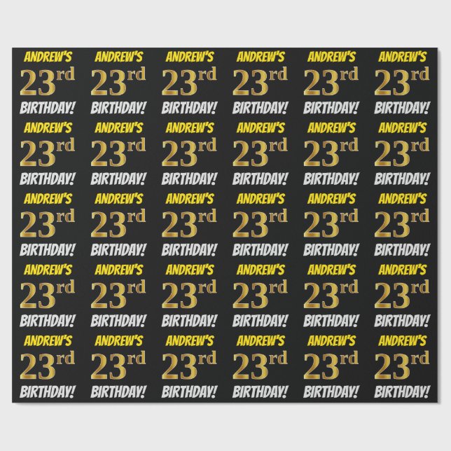 Black, Faux/Imitation Gold, "23rd BIRTHDAY" Wrapping Paper (Flat)