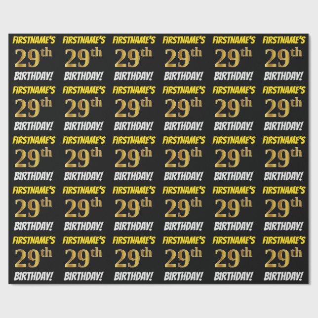 Black, Faux/Imitation Gold, "29th BIRTHDAY" Wrapping Paper (Flat)