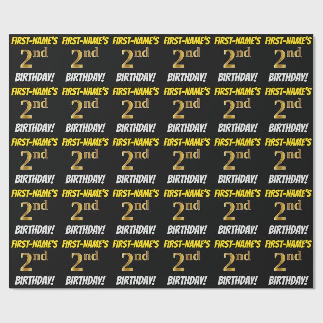 Black, Faux/Imitation Gold, "2nd BIRTHDAY" Wrapping Paper (Flat)