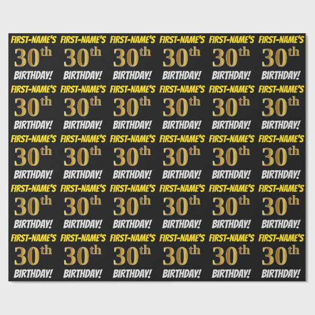Black, Faux/Imitation Gold, "30th BIRTHDAY" Wrapping Paper (Flat)