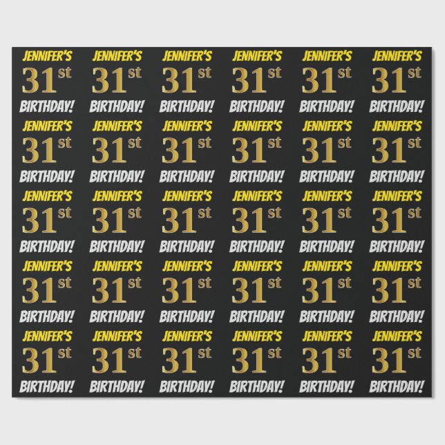 Black, Faux/Imitation Gold, "31st BIRTHDAY" Wrapping Paper (Flat)
