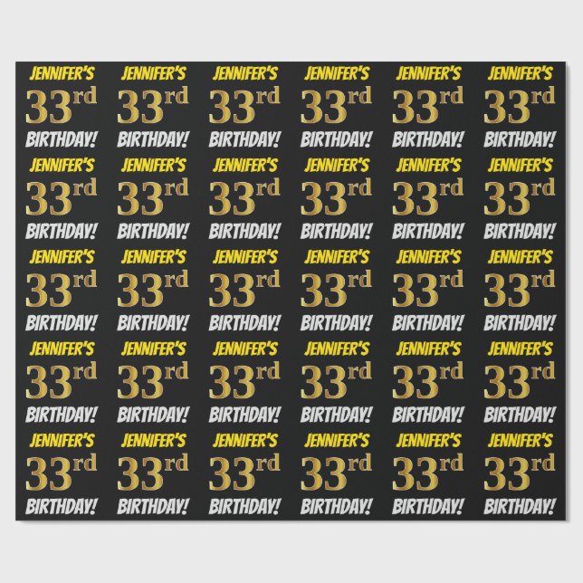 Black, Faux/Imitation Gold, "33rd BIRTHDAY" Wrapping Paper (Flat)