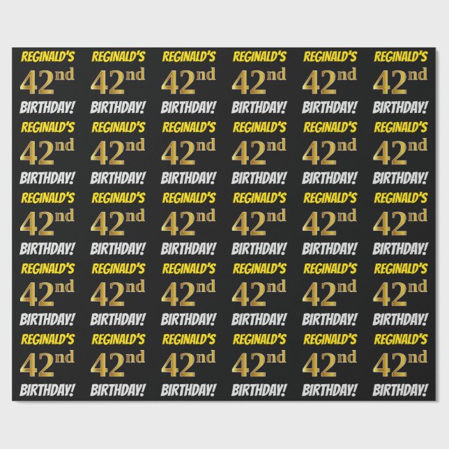Black, Faux/Imitation Gold, "42nd BIRTHDAY" Wrapping Paper (Flat)