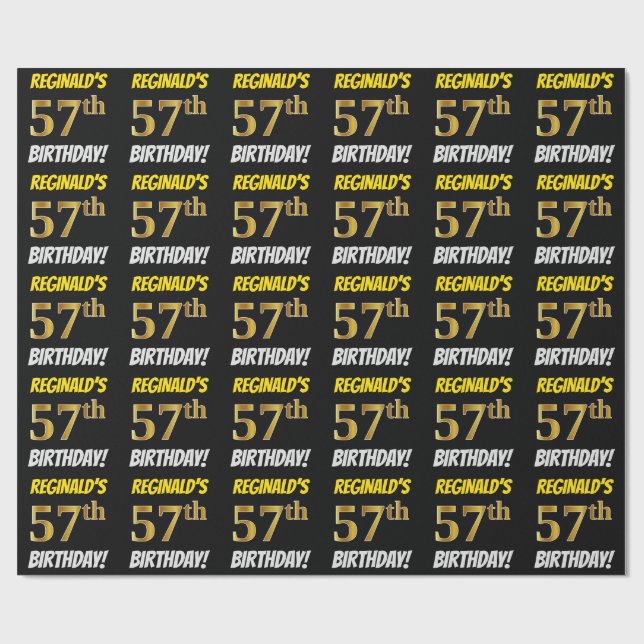 Black, Faux/Imitation Gold, "57th BIRTHDAY" Wrapping Paper (Flat)