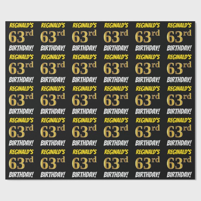 Black, Faux/Imitation Gold, "63rd BIRTHDAY" Wrapping Paper (Flat)