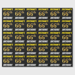 Black, Faux/Imitation Gold, "66th BIRTHDAY" Wrapping Paper