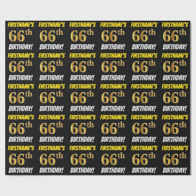 Black, Faux/Imitation Gold, "66th BIRTHDAY" Wrapping Paper (Flat)