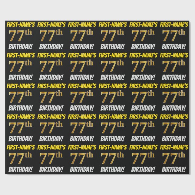 Black, Faux/Imitation Gold, "77th BIRTHDAY" Wrapping Paper (Flat)