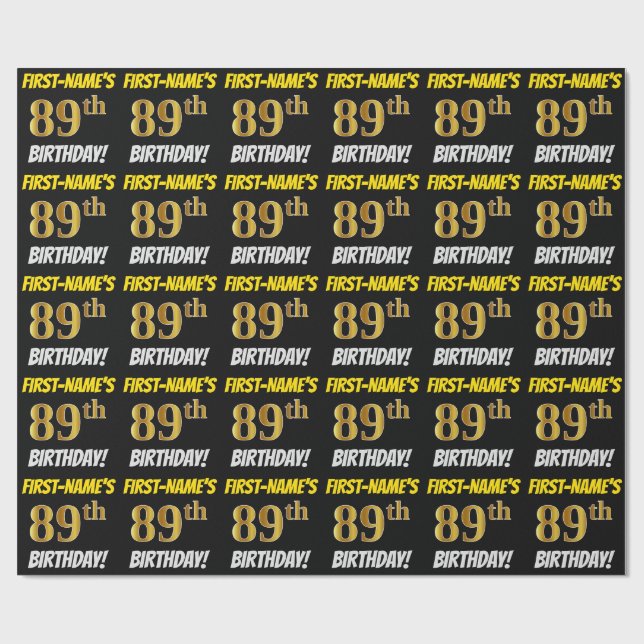 Black, Faux/Imitation Gold, "89th BIRTHDAY" Wrapping Paper (Flat)