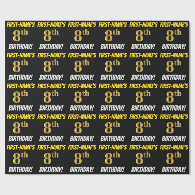 Black, Faux/Imitation Gold, "8th BIRTHDAY" Wrapping Paper (Flat)