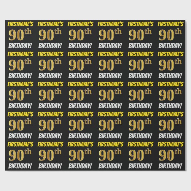 Black, Faux/Imitation Gold, "90th BIRTHDAY" Wrapping Paper (Flat)